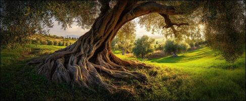 The majestic olive tree with sprawling roots in a peaceful landscape. photo