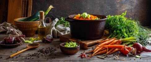 The vibrant selection of fresh vegetables and herbs for a delicious meal preparation. photo