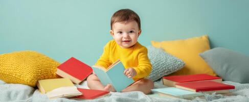 The adorable baby joyfully reading a book among colorful cushions and playful surroundings. photo