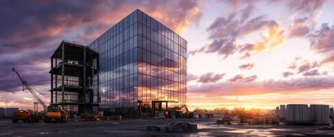 The construction site showcasing modern architecture against a sunset backdrop. photo