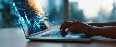 The innovative laptop displaying dynamic data analytics and modern technology. photo