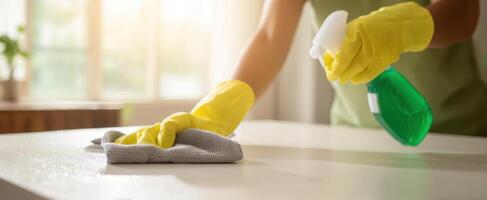 The person cleaning a countertop with spray and cloth in a bright home environment. photo