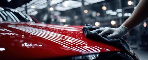 The hand meticulously polishing a red car in a professional detailing garage. photo