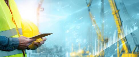 The construction worker using a tablet in a busy construction site setting. photo
