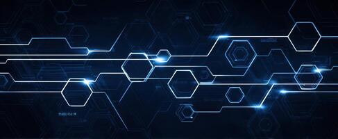 The modern technological background featuring luminous blue hexagons and lines. photo