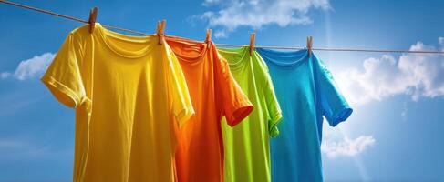 The colorful shirts hanging on a clothesline under a bright blue sky. photo