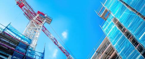 The construction crane towering over a building site under a bright blue sky. photo