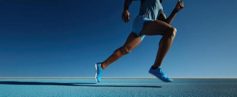 The athlete sprinting forward on a vibrant blue running track. photo