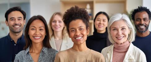 The diverse group of smiling professionals showcasing unity and collaboration. photo