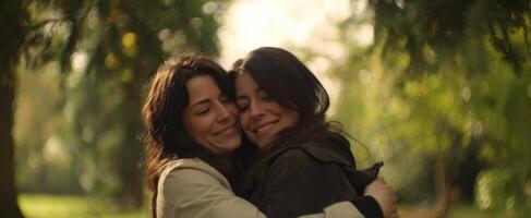 The joyful embrace of two friends in a sunny natural setting. photo