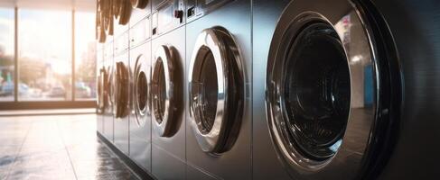 The modern washing machines in a bright, inviting laundromat setting. photo