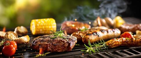 The sizzling grill laden with a variety of meats and vegetables. photo