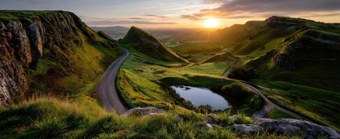 The serene landscape at sunset with winding road and tranquil pond. photo