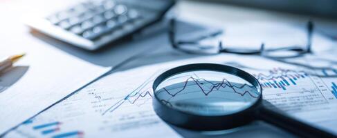 The magnifying glass focusing on financial analysis and market trends photo