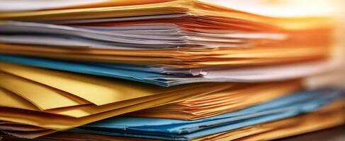 The vibrant stack of organized folders illuminating productivity and creativity. photo
