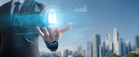 The Businessman Presenting Digital Security Solutions in an Urban Environment photo
