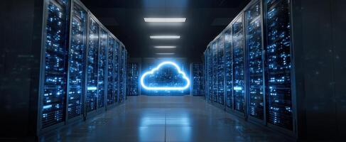The High-Tech Server Room Featuring a Bright Blue Cloud Symbol photo