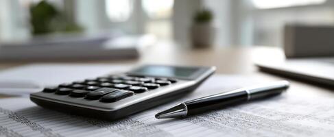 The calculator and pen on a financial document for business analysis. photo