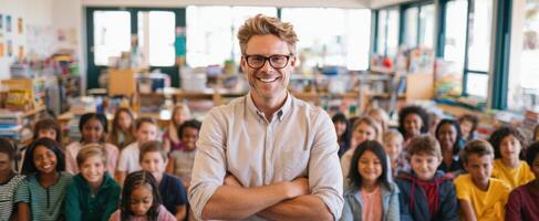 The teacher inspiring a diverse group of students in a vibrant classroom setting. photo