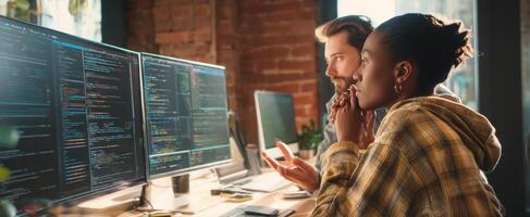 The focused team analyzing code in a modern tech workspace. photo
