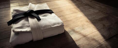 The black belt kimono resting on a wooden floor illuminated by natural light. photo