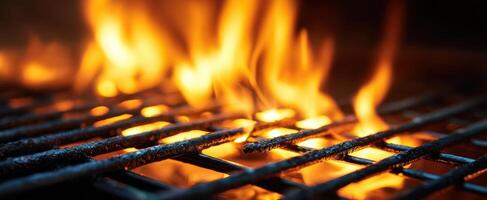 The fiery grill flames dancing above the cooking surface. photo