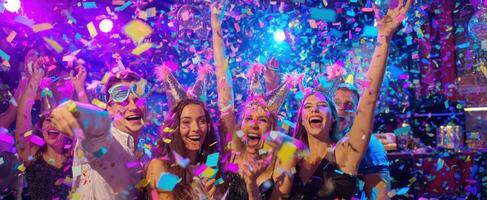 The vibrant celebration of friends enjoying a lively party with confetti. photo