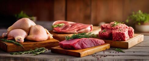 The arrangement of fresh meats on wooden boards with herbs and spices. photo