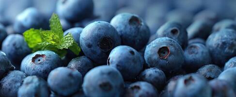 The vibrant blueberries with mint leaves for a fresh and delicious presentation. photo