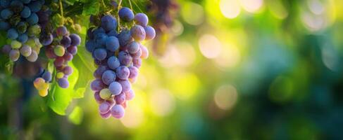 The clusters of ripe grapes hanging in a sunlit vineyard. photo