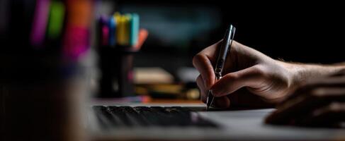 The hand writing on a notepad next to a laptop in a creative workspace. photo