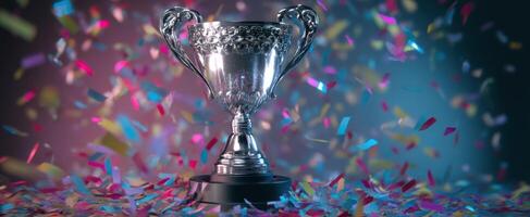 The sparkling trophy surrounded by colorful confetti in a festive celebration photo