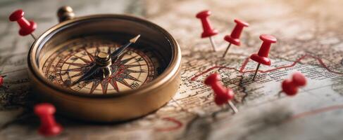 The compass resting on a detailed vintage map with red pins marking locations. photo