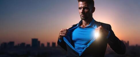 The confident man in a suit revealing strength against a city sunset backdrop. photo