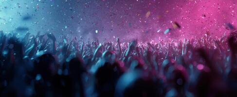 The lively crowd celebrating at a vibrant concert with colorful confetti. photo