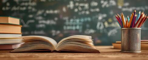 The open book on a wooden desk surrounded by colorful stationery and educational elements. photo