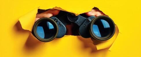 The binoculars revealing a unique perspective through a vibrant yellow backdrop. photo