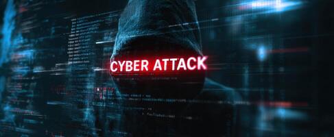 The cyber attack highlighted against a backdrop of digital data and code. photo