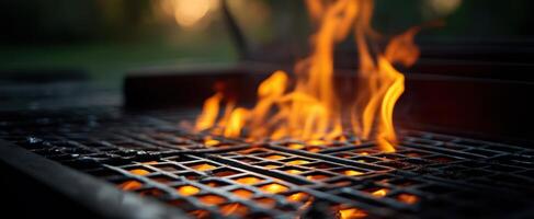 The vibrant flames dancing on a grill during a summer evening gathering. photo