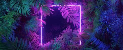 The glowing neon frame surrounded by lush tropical foliage. photo