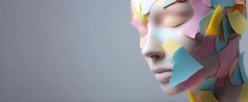 The Abstract Mannequin Featuring Colorful Paper Layers on Its Face photo