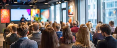 The audience engaged in a lively presentation in a modern conference setting. photo