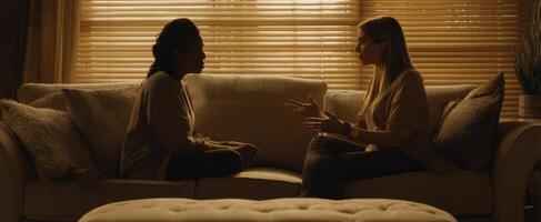 The emotional dialogue between two women on a cozy couch. photo