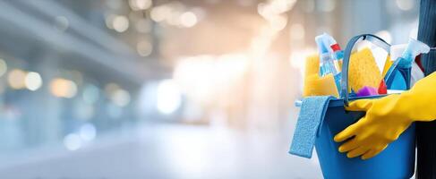 The Cleaning Supplies Bucket Ready for a Fresh Start in a Bright Environment photo