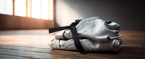 The folded martial arts uniform with a black belt resting on wooden floor. photo