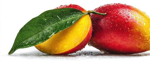 The vibrant mango with droplets and lush green leaf on a white background. photo