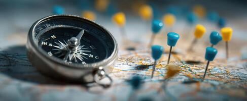 The compass on a map surrounded by colorful push pins. photo