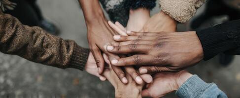 The joined hands symbolizing unity and collaboration among diverse individuals. photo