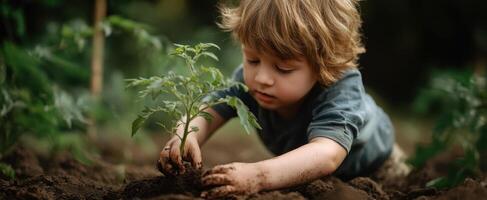 The child planting a young tomato seedling in rich, dark soil. photo
