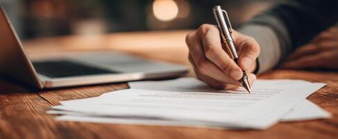 The hand writing on documents with a laptop in a cozy workspace setting. photo